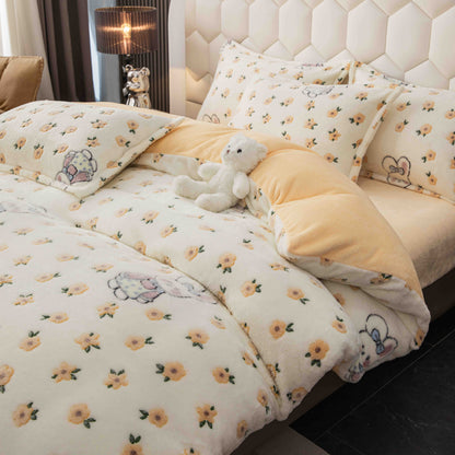 Lenjerie Cocolino 4 Piese cu Elastic, Pat Dublu, Iepurasi/Floricele-C9351