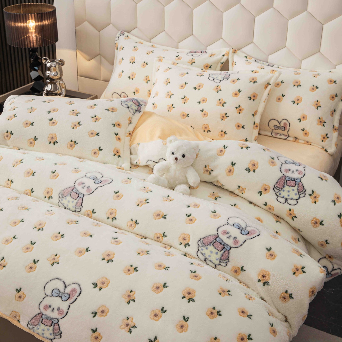 Lenjerie Cocolino 4 Piese cu Elastic, Pat Dublu, Iepurasi/Floricele-C9351