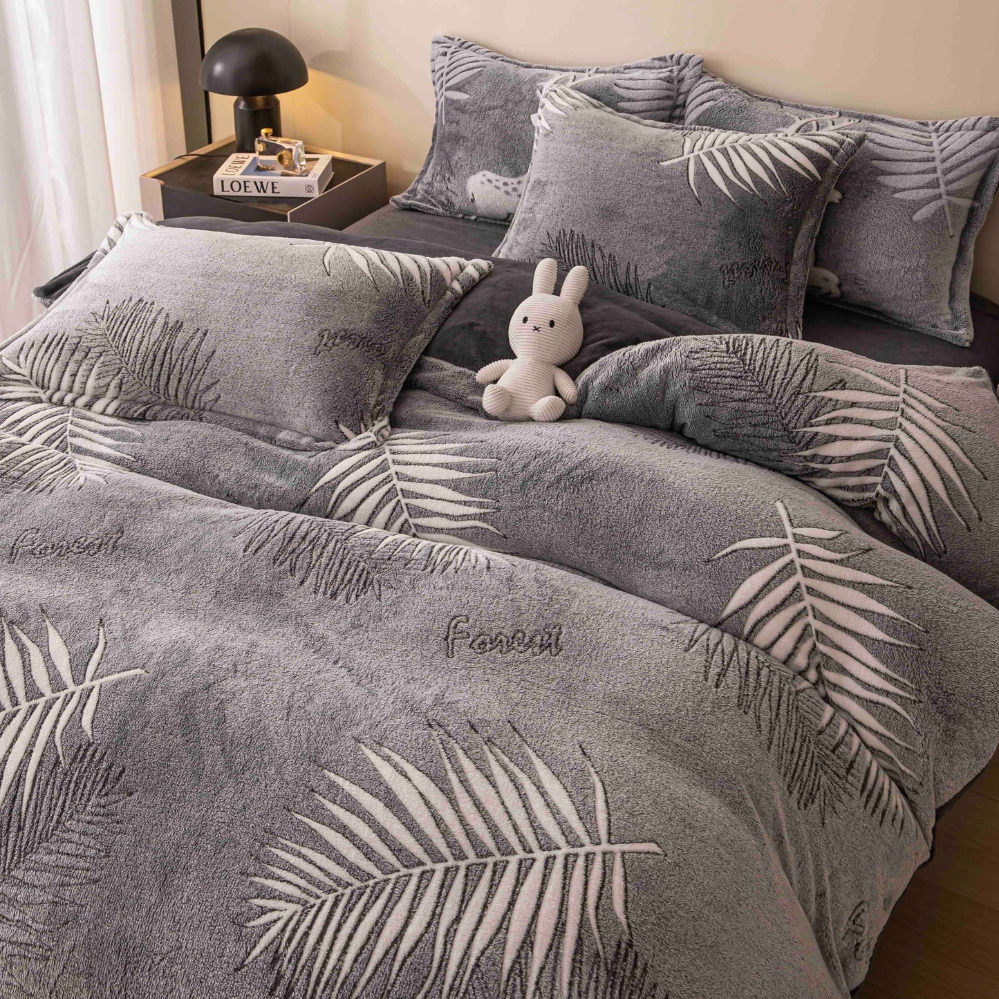 Lenjerie Cocolino 4 Piese cu Elastic, Pat Dublu, Gri/Ferigi-C9346