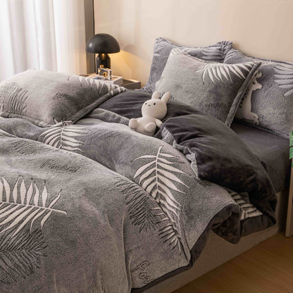 Lenjerie Cocolino 4 Piese cu Elastic, Pat Dublu, Gri/Ferigi-C9346