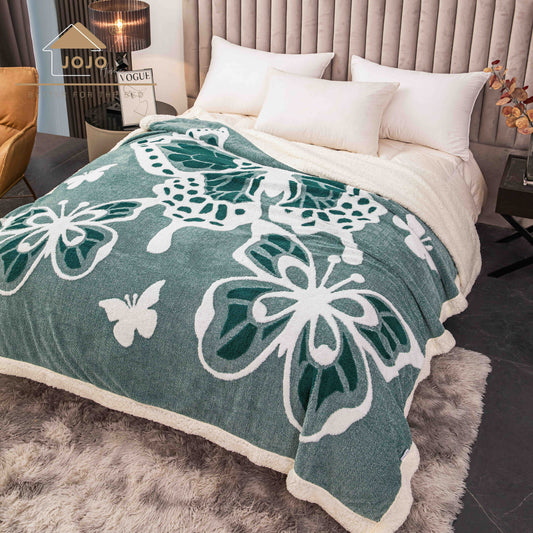 Patura Cocolino cu Blanita, 200x230cm, Imprimeu 3D cu Fluturi, Verde-C9702