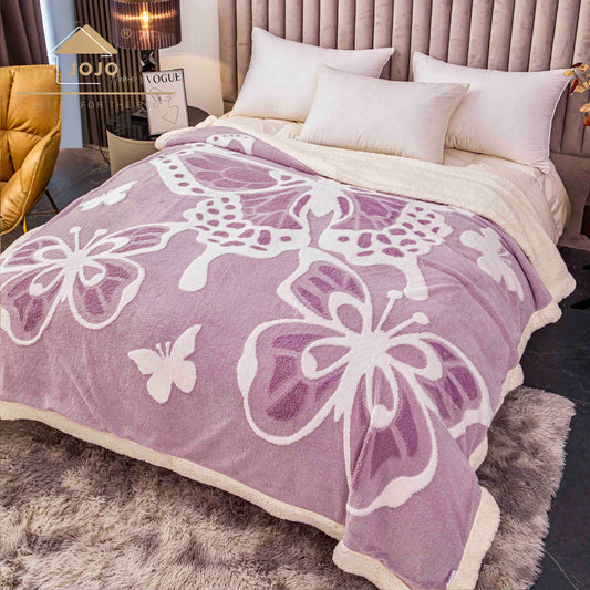 Patura Cocolino cu Blanita, 200x230cm, Imprimeu 3D cu Fluturi, Lila-C9700