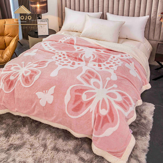 Patura Cocolino cu Blanita, 200x230cm, Imprimeu 3D cu Fluturi, Roz-C9695