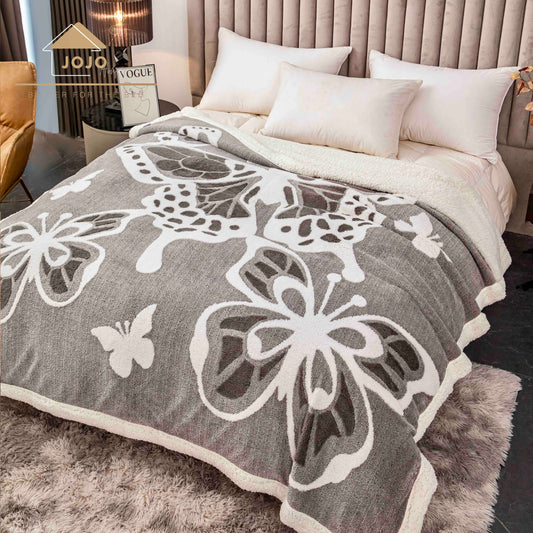 Patura Cocolino cu Blanita, 200x230cm, Imprimeu 3D cu Fluturi, Gri Inchis-C9696