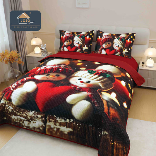 Cuvertura Matlasata+2 Fete de Perna, din Bumbac Finetat, Imprimeu 5D, Oameni De Zapada-C10042