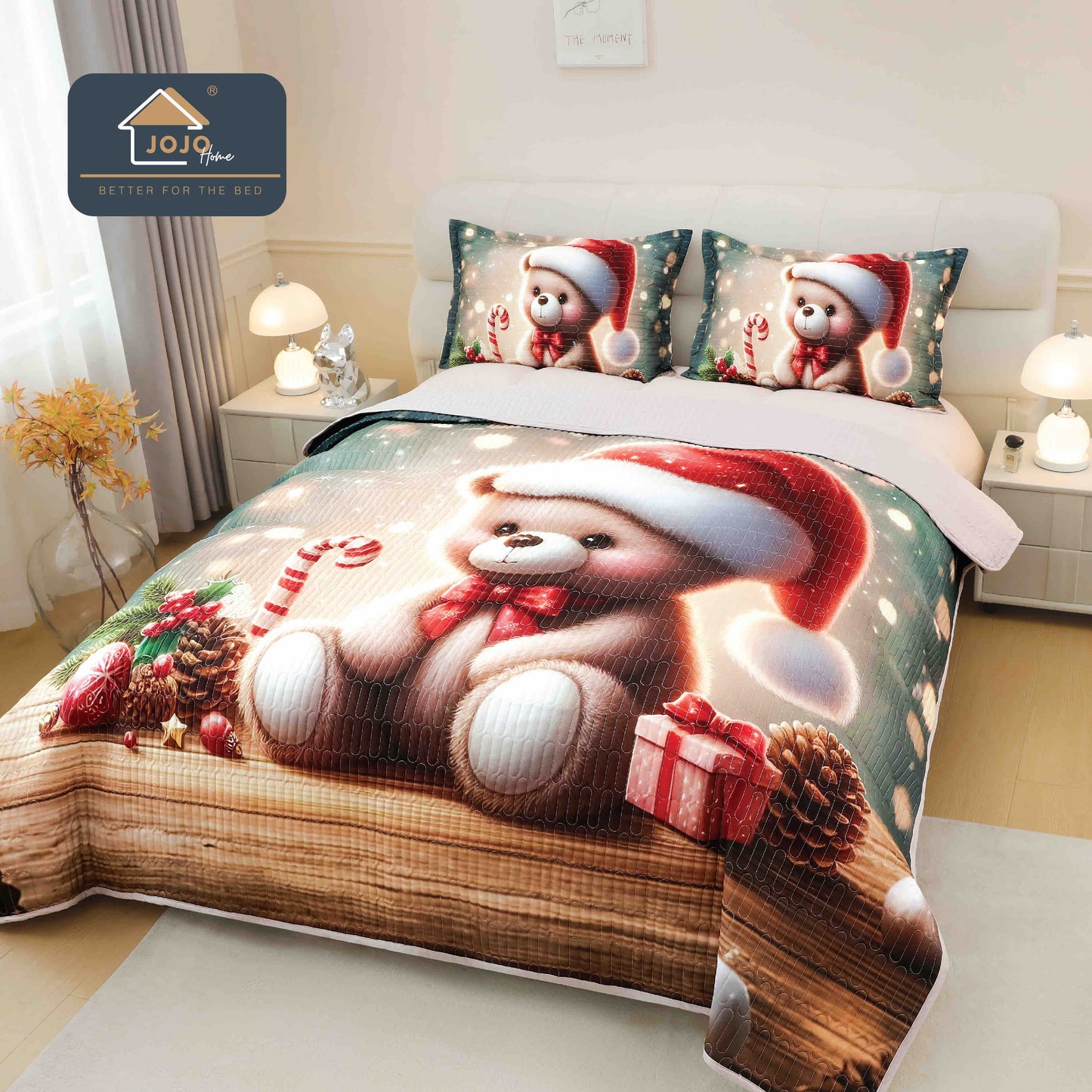 Cuvertura Matlasata+2 Fete de Perna, din Bumbac Finetat, Imprimeu 5D, Ursulet-C10044