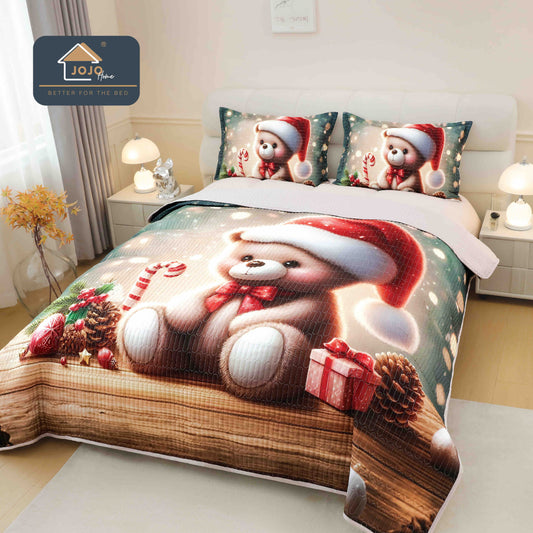 Cuvertura Matlasata+2 Fete de Perna, din Bumbac Finetat, Imprimeu 5D, Ursulet-C10044