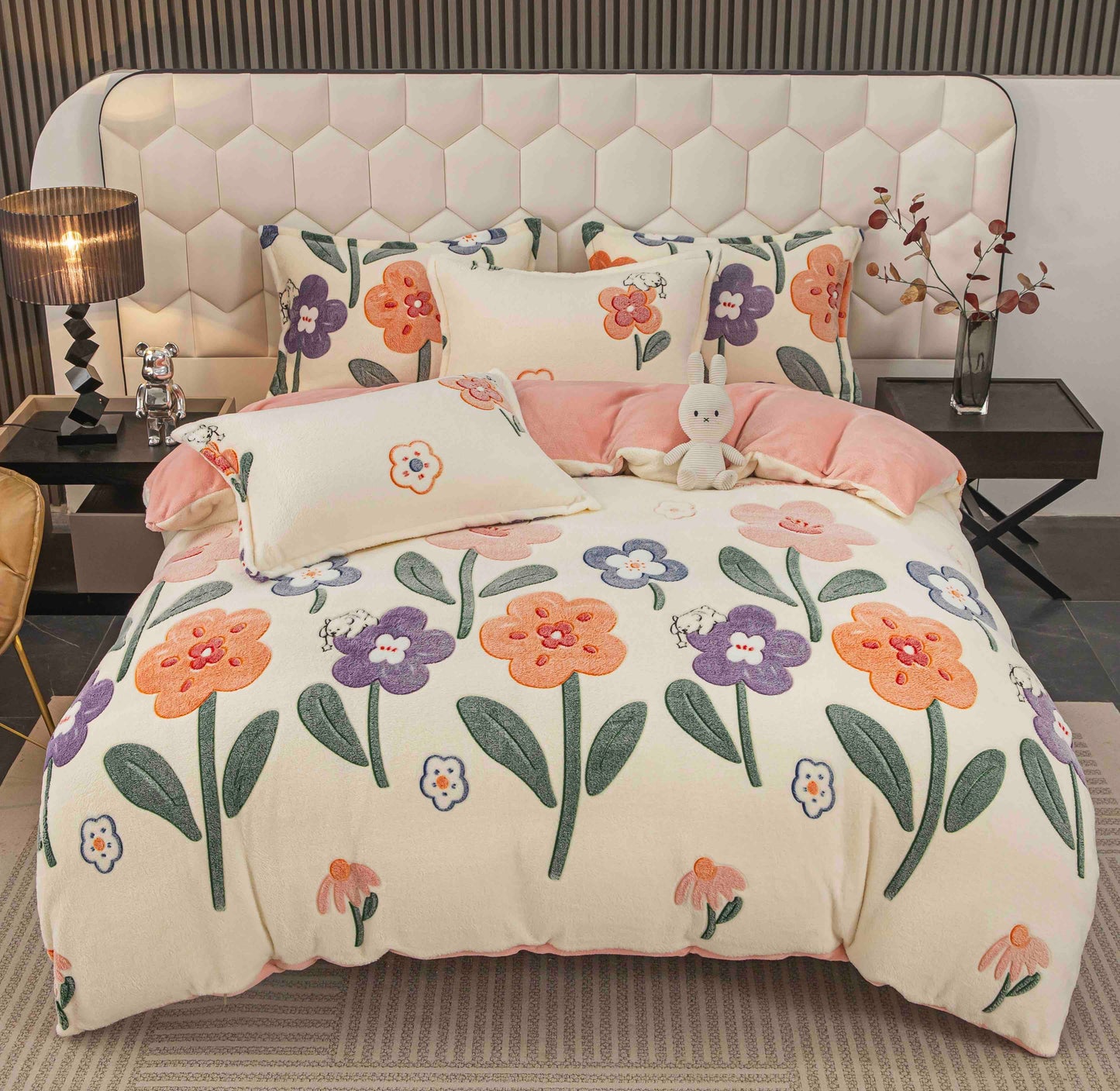 Lenjerie Cocolino 4 Piese cu Elastic, Pat Dublu, Crem/Flori-C9726