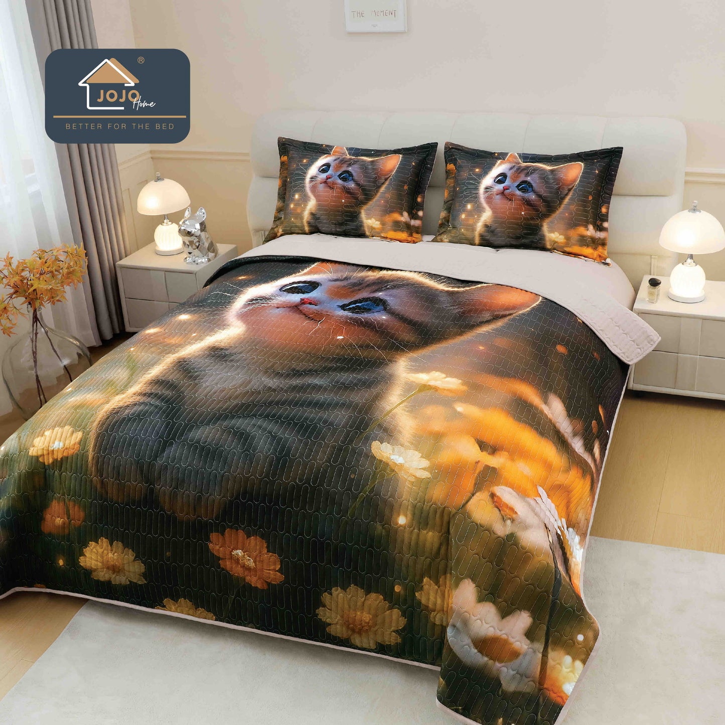 Cuvertura Matlasata+2 Fete de Perna, din Bumbac Finetat, Imprimeu 5D, Pisicuta-C10053