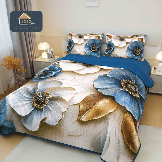 Cuvertura Matlasata+2 Fete de Perna, din Bumbac Finetat, Imprimeu 5D, Flori-C10046