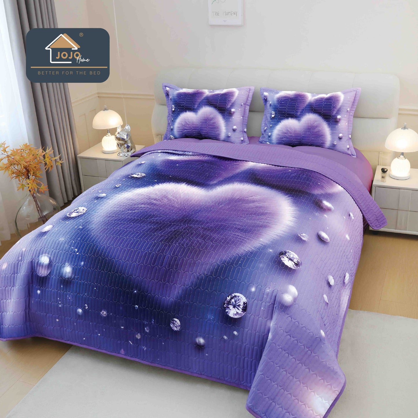 Cuvertura Matlasata+2 Fete de Perna, din Bumbac Finetat, Imprimeu 5D, Inimioara-C10050