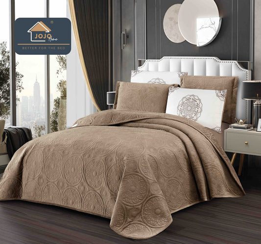 Cuvertura Pat Dublu 5 Piese, Catifea Luxury Matlasata, Maroniu-C10094