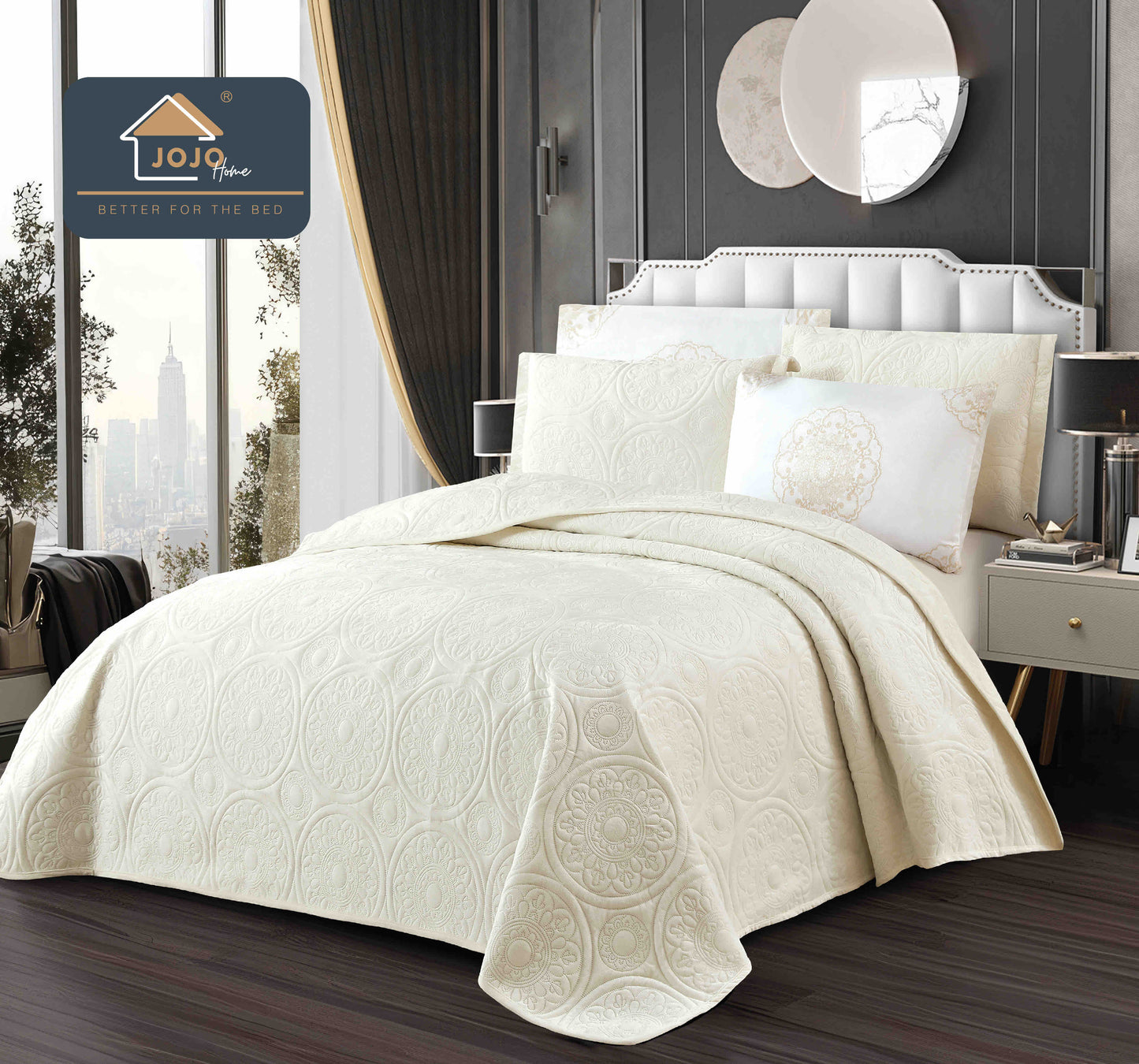 Cuvertura Pat Dublu 5 Piese, Catifea Luxury Matlasata, Crem-C10093