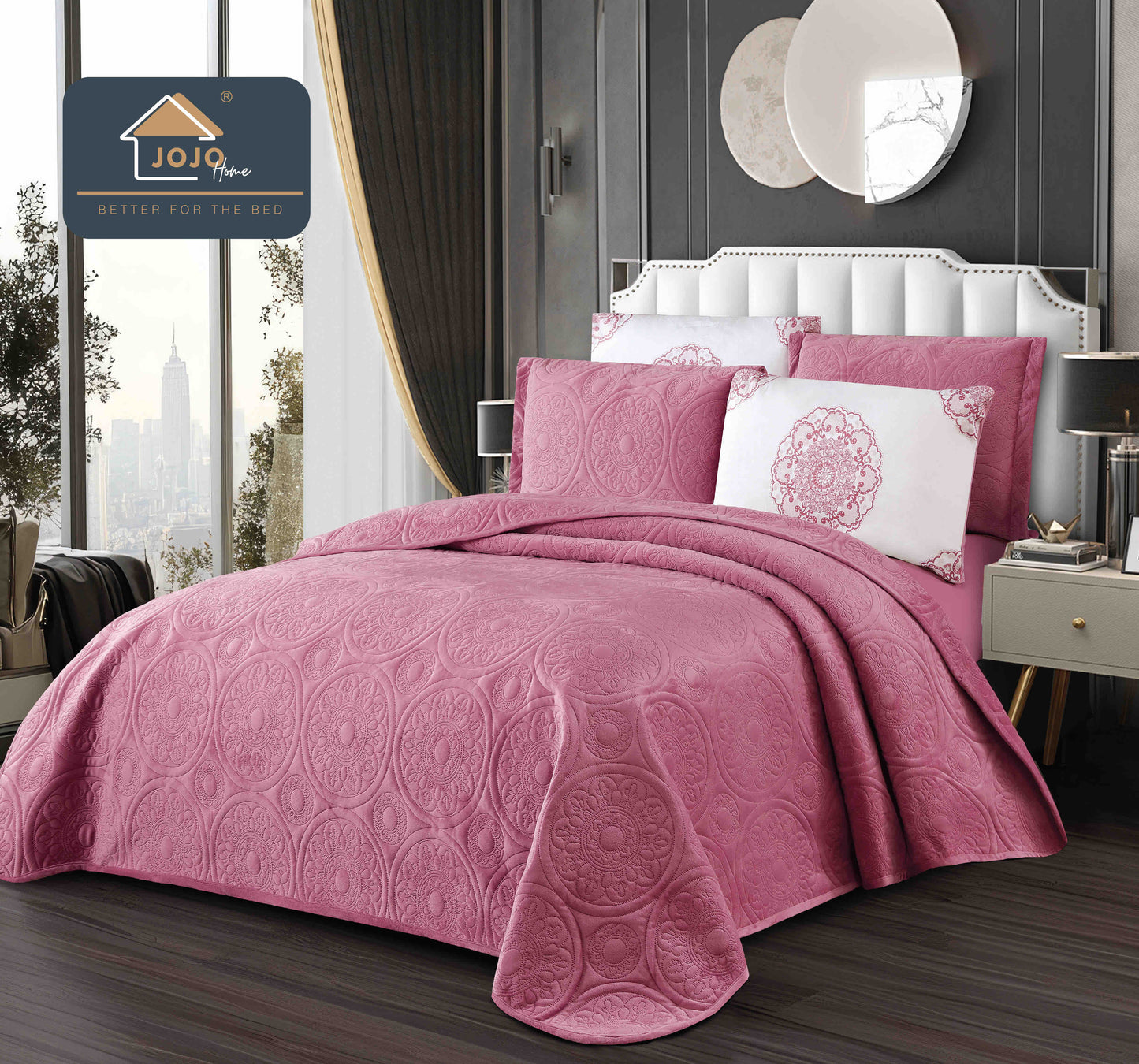 Cuvertura Pat Dublu 5 Piese, Catifea Luxury Matlasata, Roz-C10085