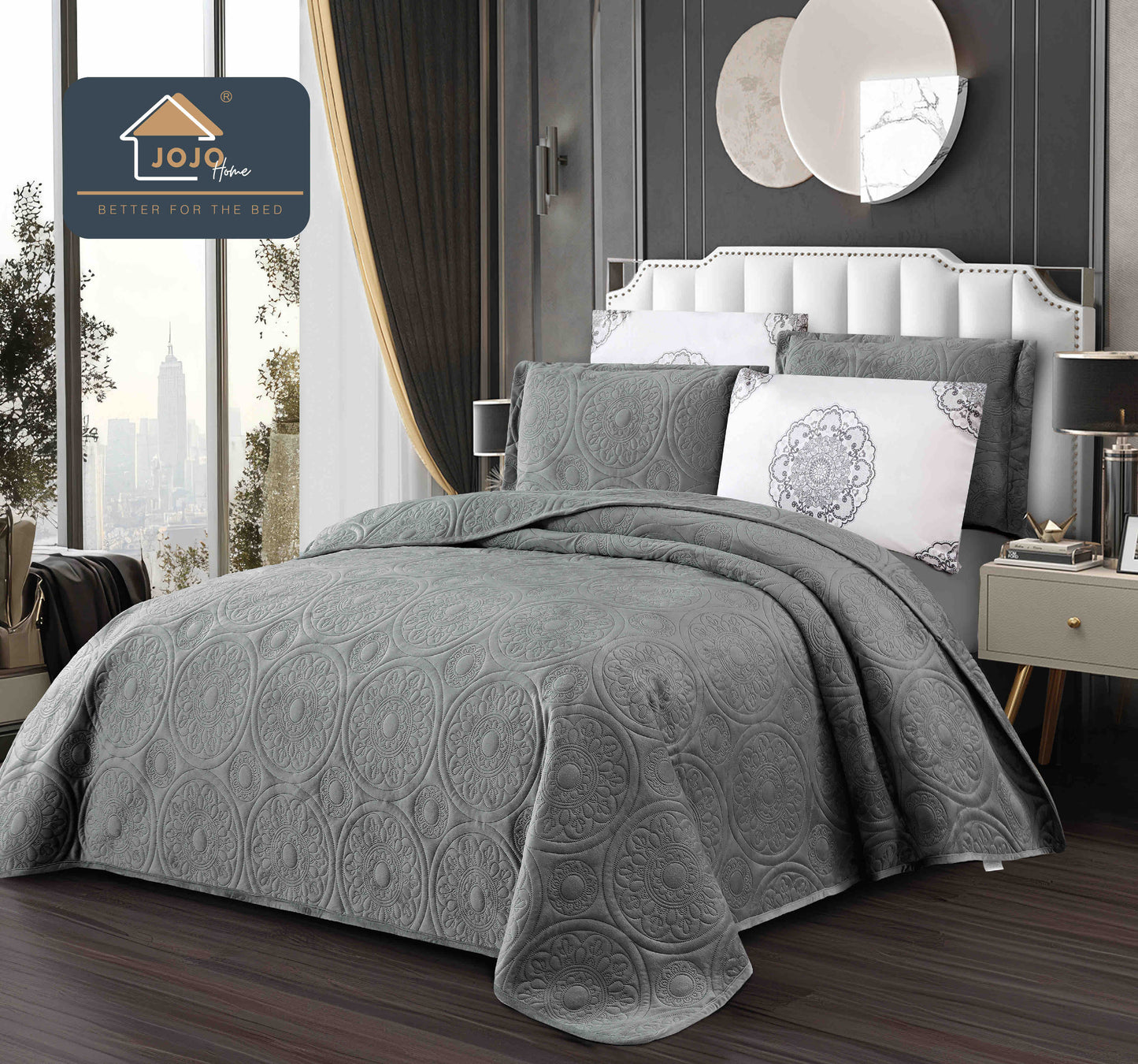 Cuvertura Pat Dublu 5 Piese, Catifea Luxury Matlasata, Gri Deschis-C10087