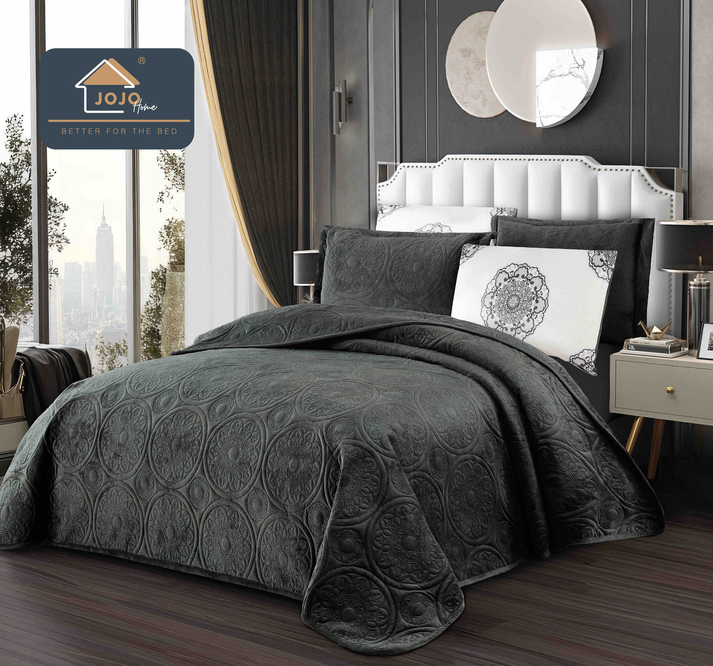 Cuvertura Pat Dublu 5 Piese, Catifea Luxury Matlasata, Gri Inchis-C10091