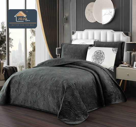 Cuvertura Pat Dublu 5 Piese, Catifea Luxury Matlasata, Gri Inchis-C10091