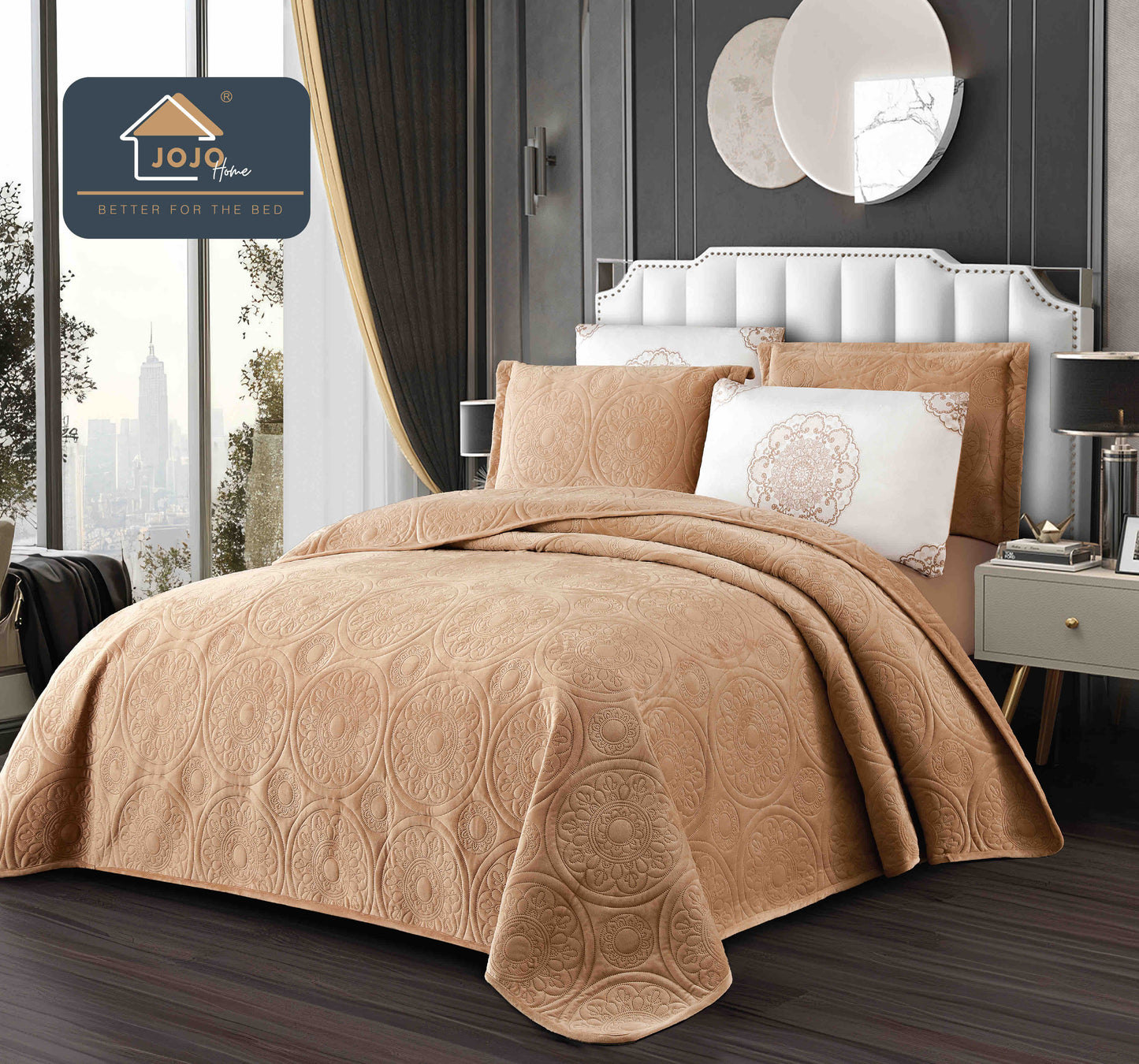 Cuvertura Pat Dublu 5 Piese, Catifea Luxury Matlasata, Bej-C10092