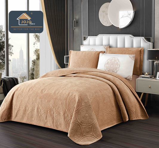 Cuvertura Pat Dublu 5 Piese, Catifea Luxury Matlasata, Bej-C10092