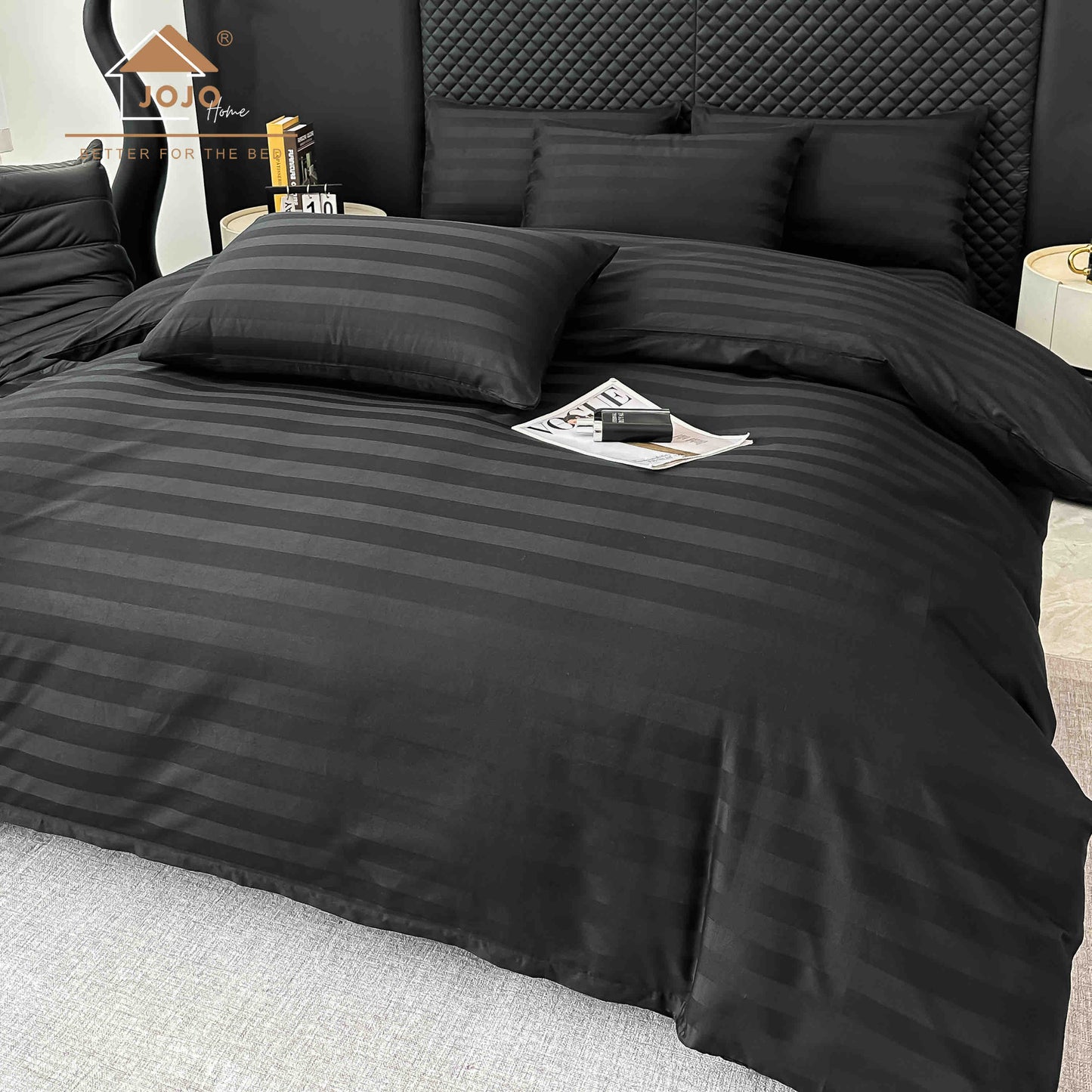 Lenjerie Luxury din Damasc 100% Bumbac Deluxe, 6 Piese cu Elastic, Negru-C11093