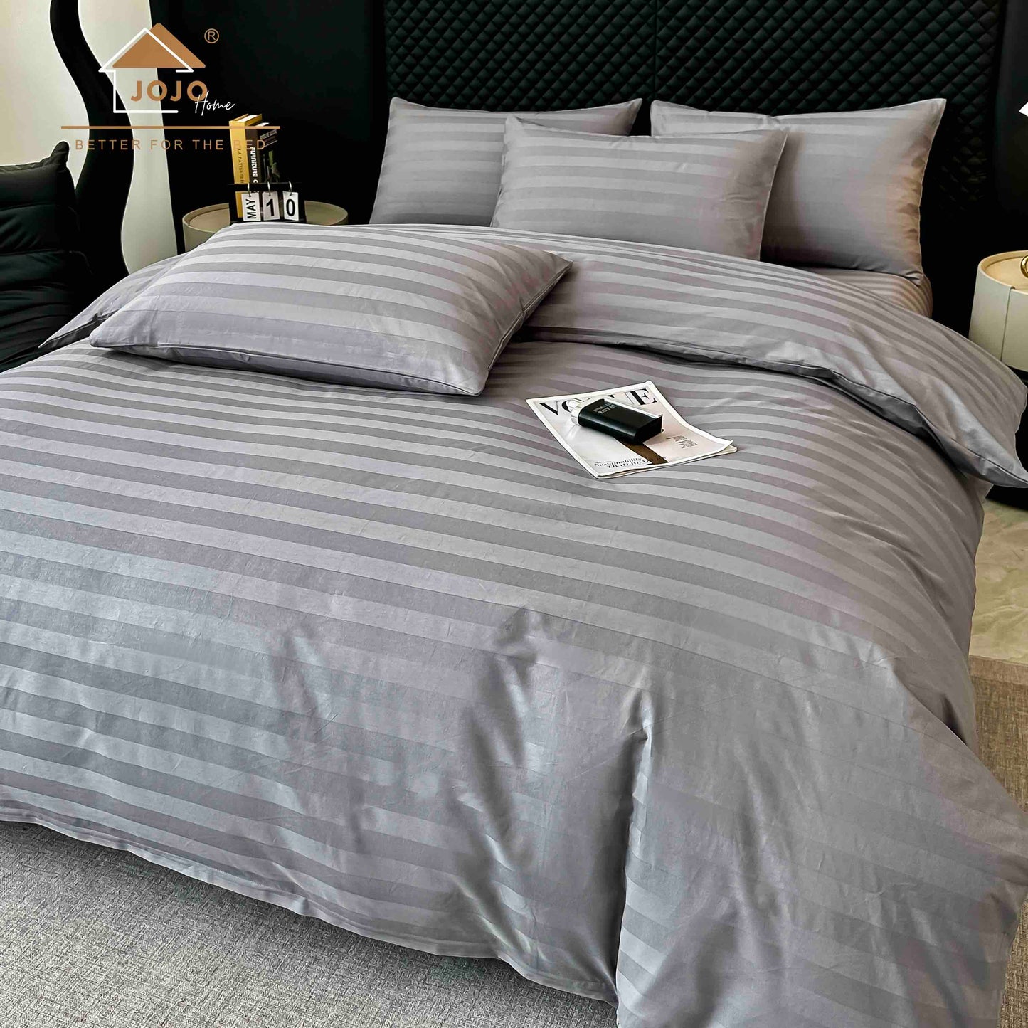 Lenjerie Luxury din Damasc 100% Bumbac Deluxe, 6 Piese cu Elastic, Gri Inchis-C11100