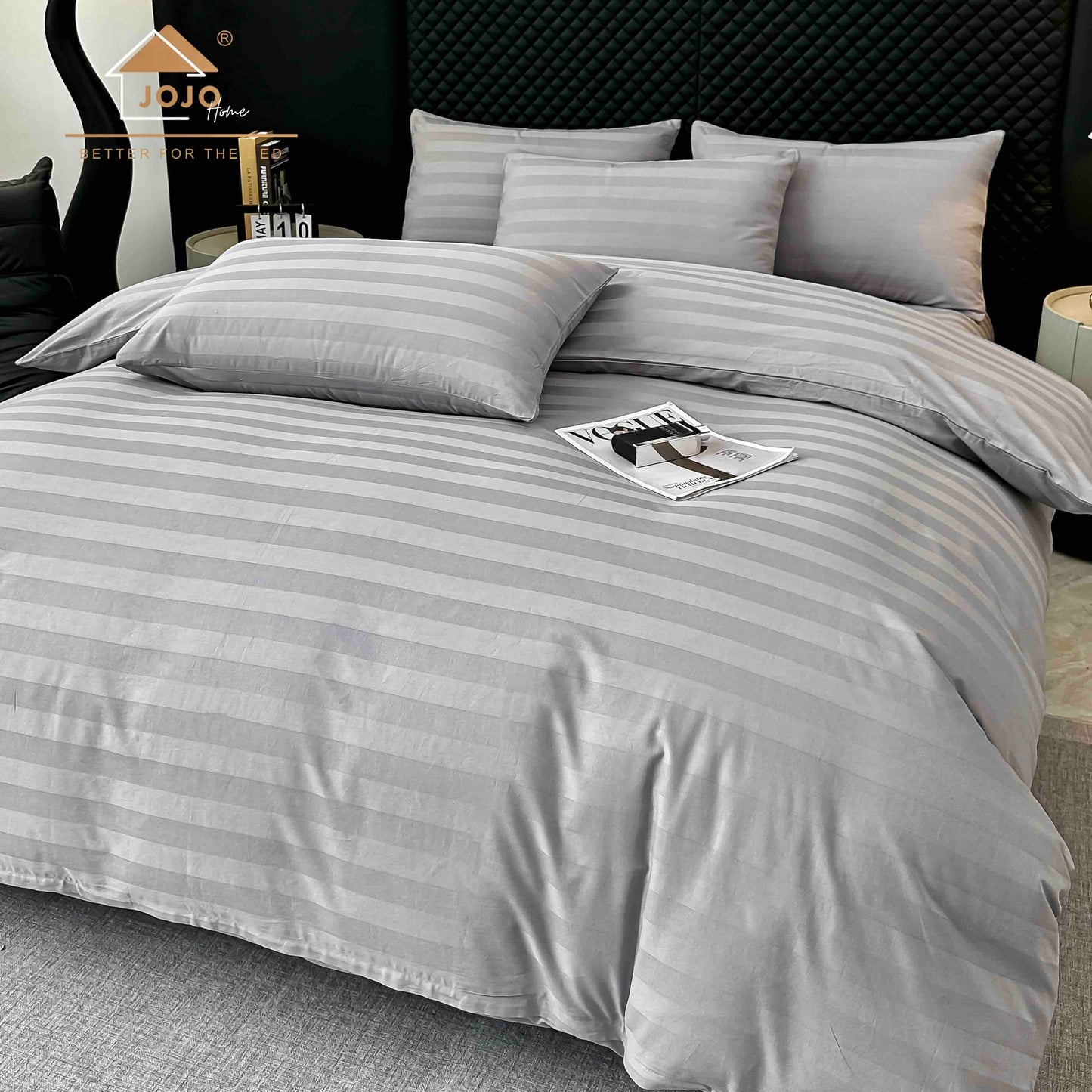 Lenjerie Luxury din Damasc 100% Bumbac Deluxe, 6 Piese cu Elastic, Gri Deschis-C11103