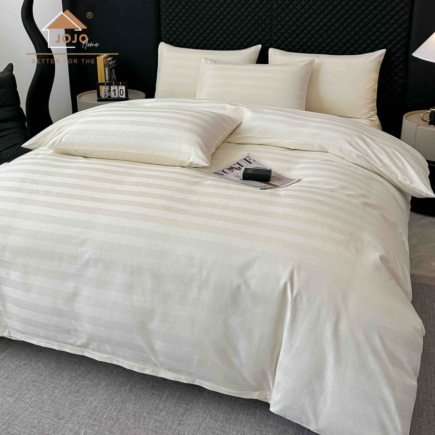 Lenjerie Luxury din Damasc 100% Bumbac Deluxe, 6 Piese cu Elastic, Crem-C11101