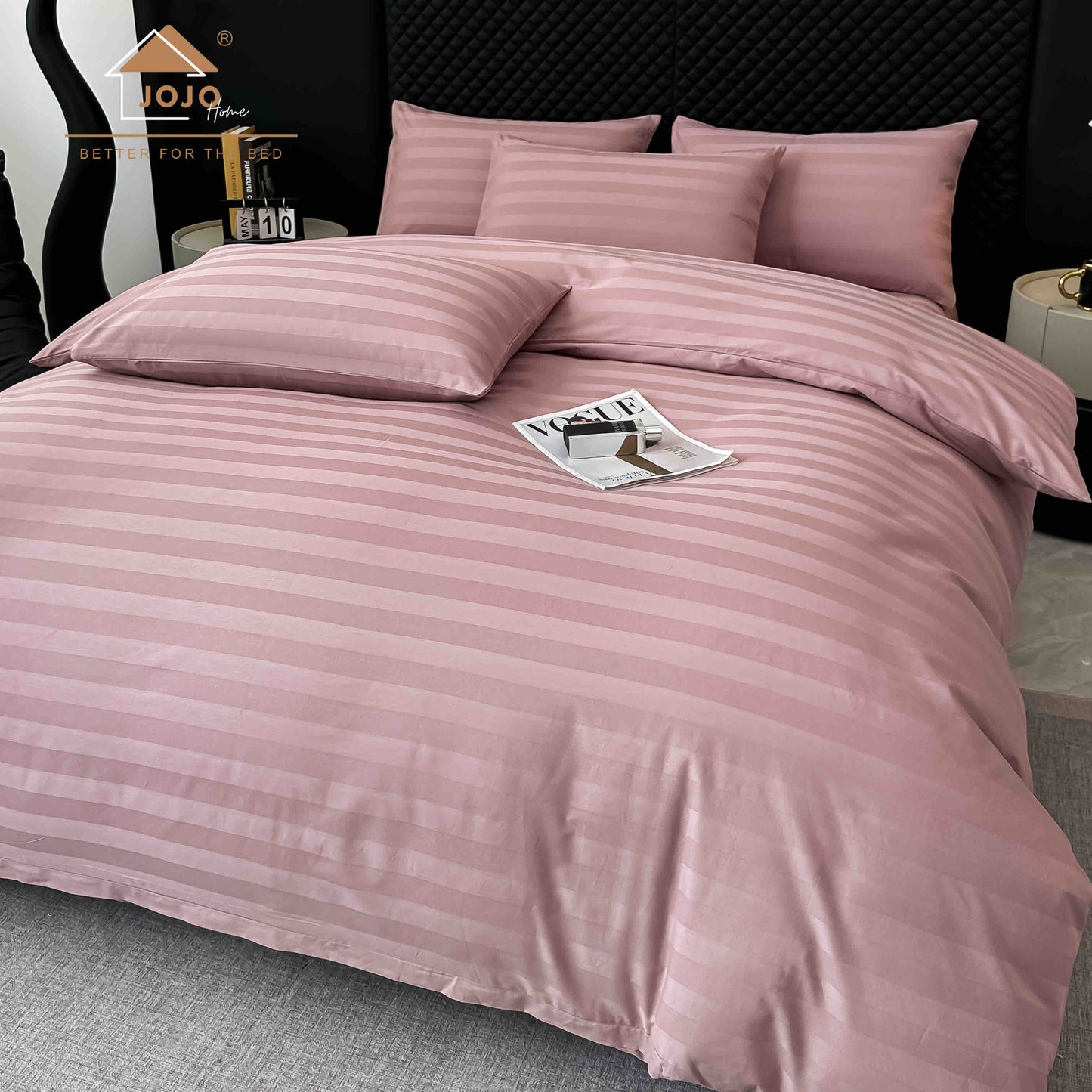 Lenjerie Luxury din Damasc 100% Bumbac Deluxe, 6 Piese cu Elastic, Roz Pudra-C11102