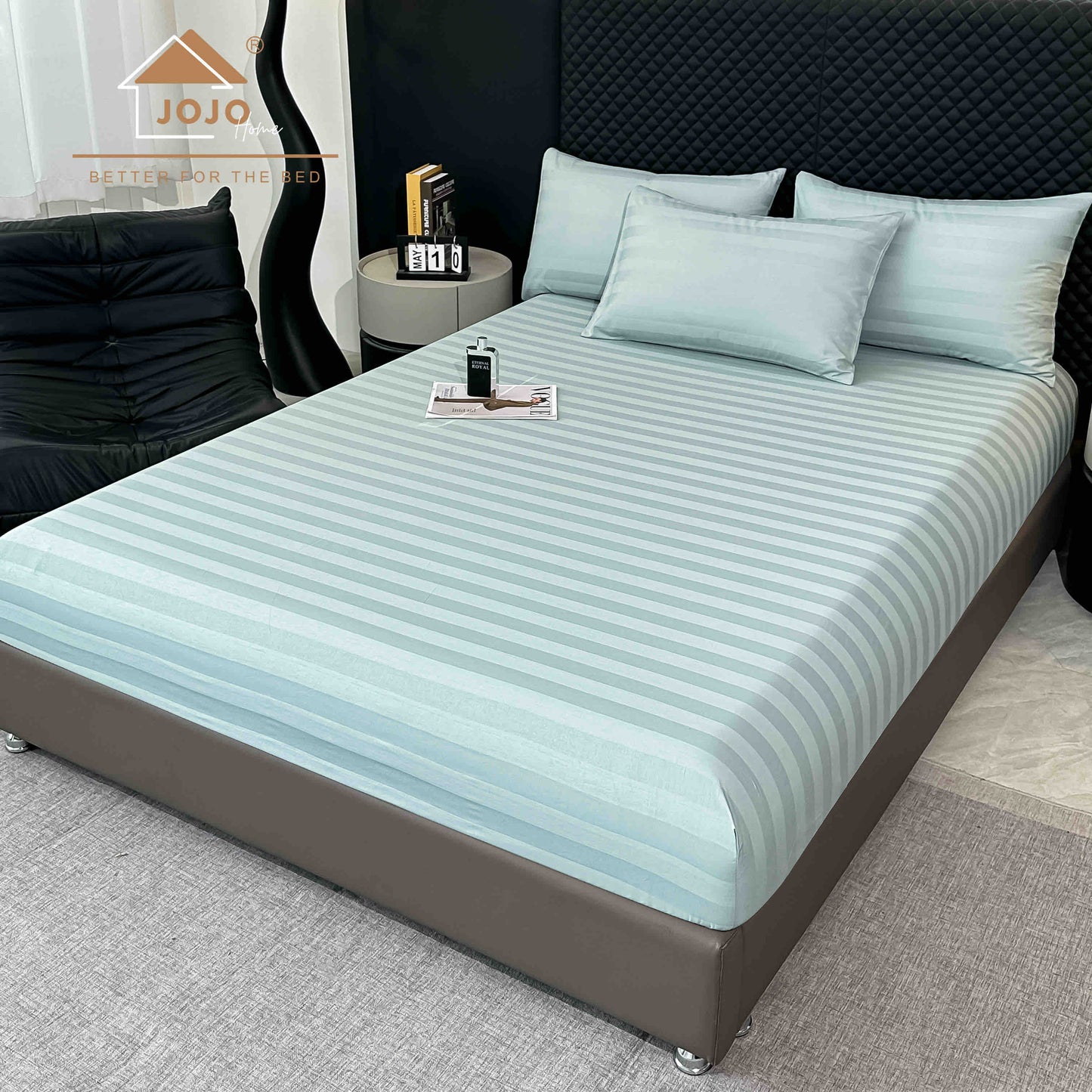 Lenjerie Luxury din Damasc 100% Bumbac Deluxe, 6 Piese cu Elastic, Bleu-C11099