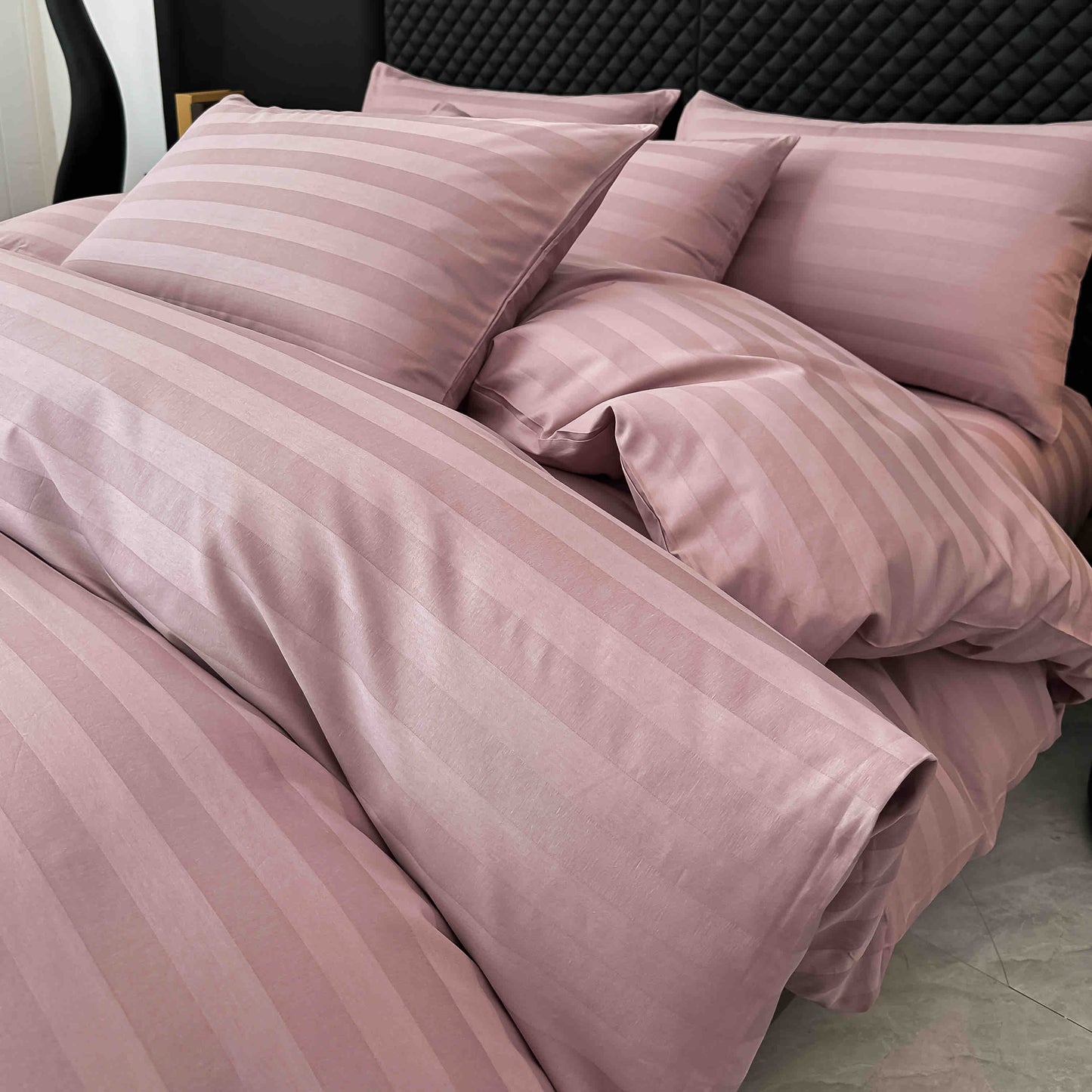 Lenjerie Luxury din Damasc 100% Bumbac Deluxe, 6 Piese cu Elastic, Roz Pudra-C11102