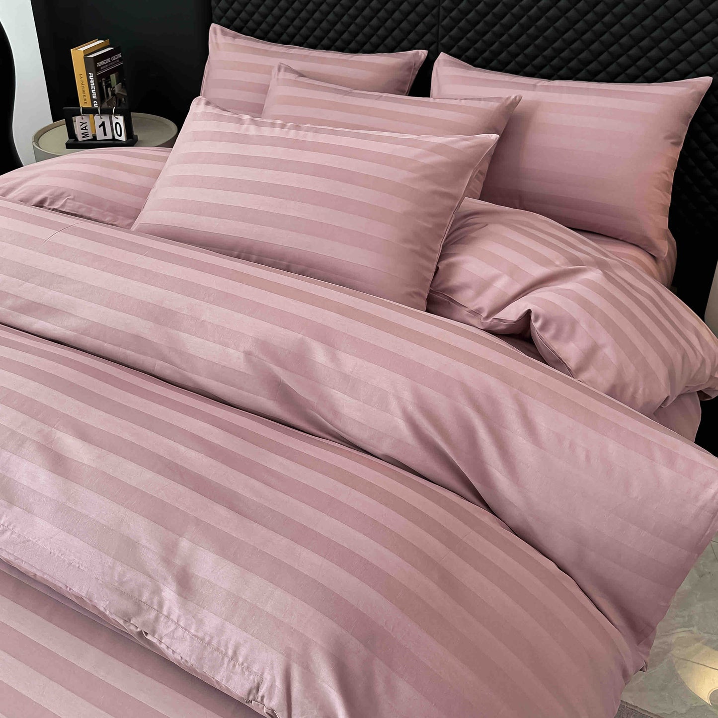 Lenjerie Luxury din Damasc 100% Bumbac Deluxe, 6 Piese cu Elastic, Roz Pudra-C11102
