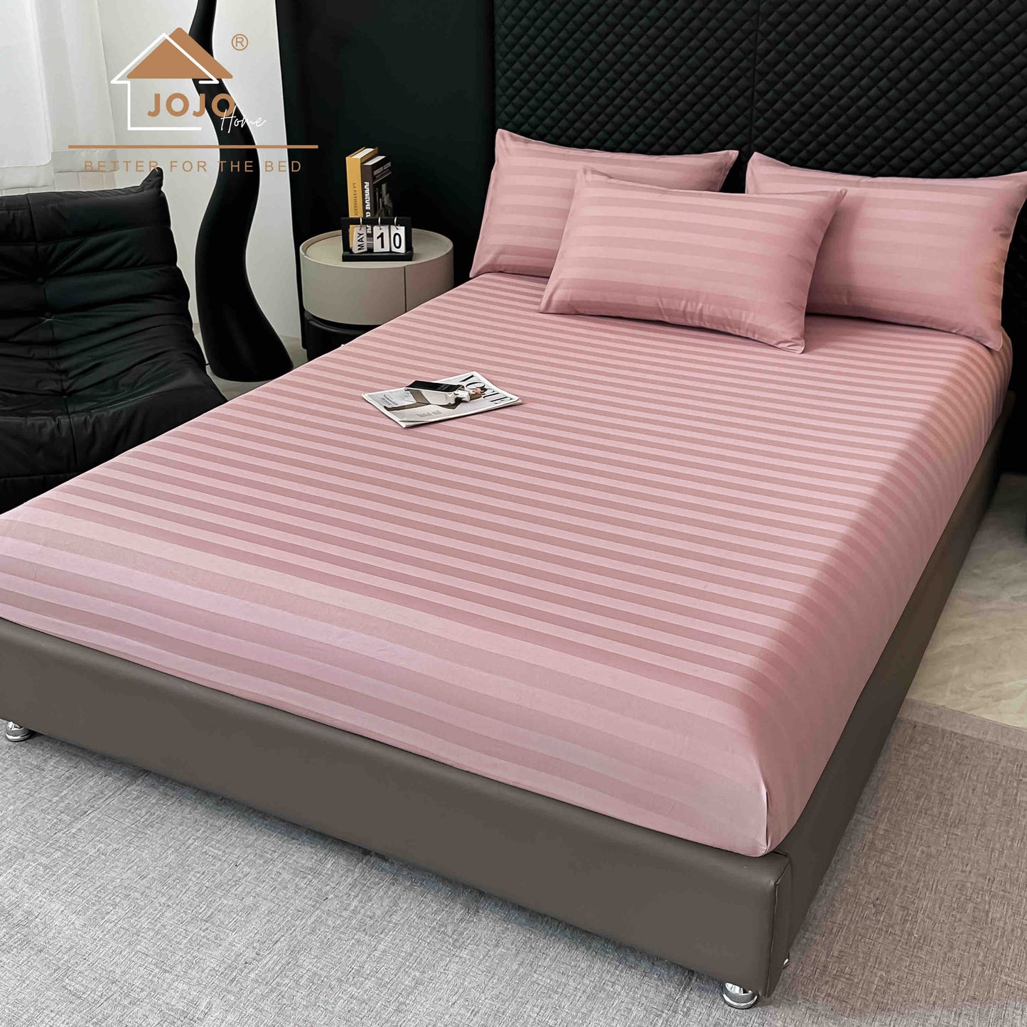 Lenjerie Luxury din Damasc 100% Bumbac Deluxe, 6 Piese cu Elastic, Roz Pudra-C11102