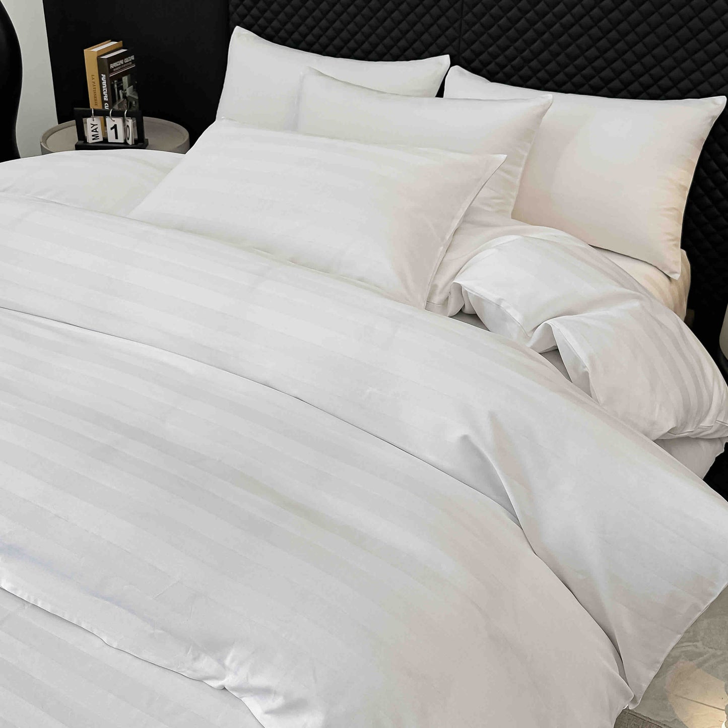 Lenjerie Luxury din Damasc 100% Bumbac Deluxe, 6 Piese cu Elastic, Alb-C11094