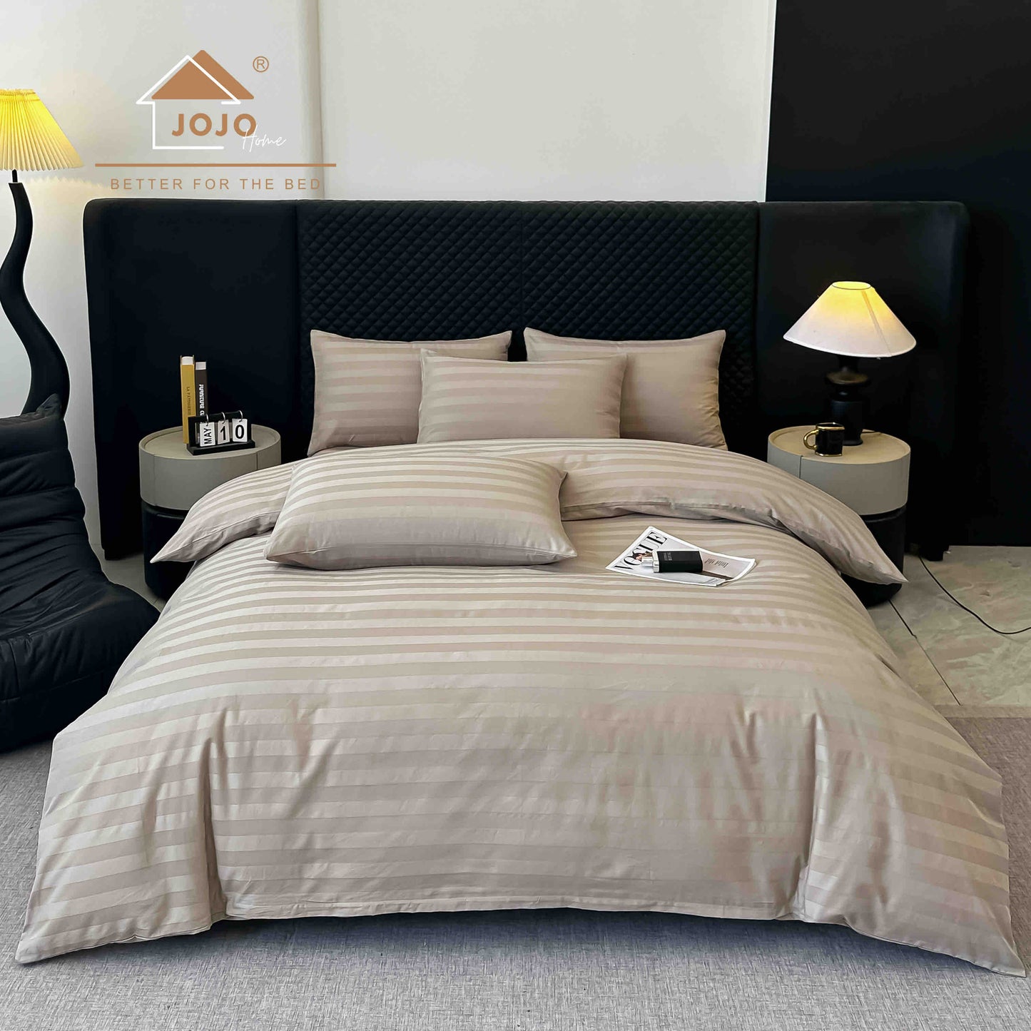 Lenjerie Luxury din Damasc 100% Bumbac Deluxe, 6 Piese cu Elastic, Bej-C11098