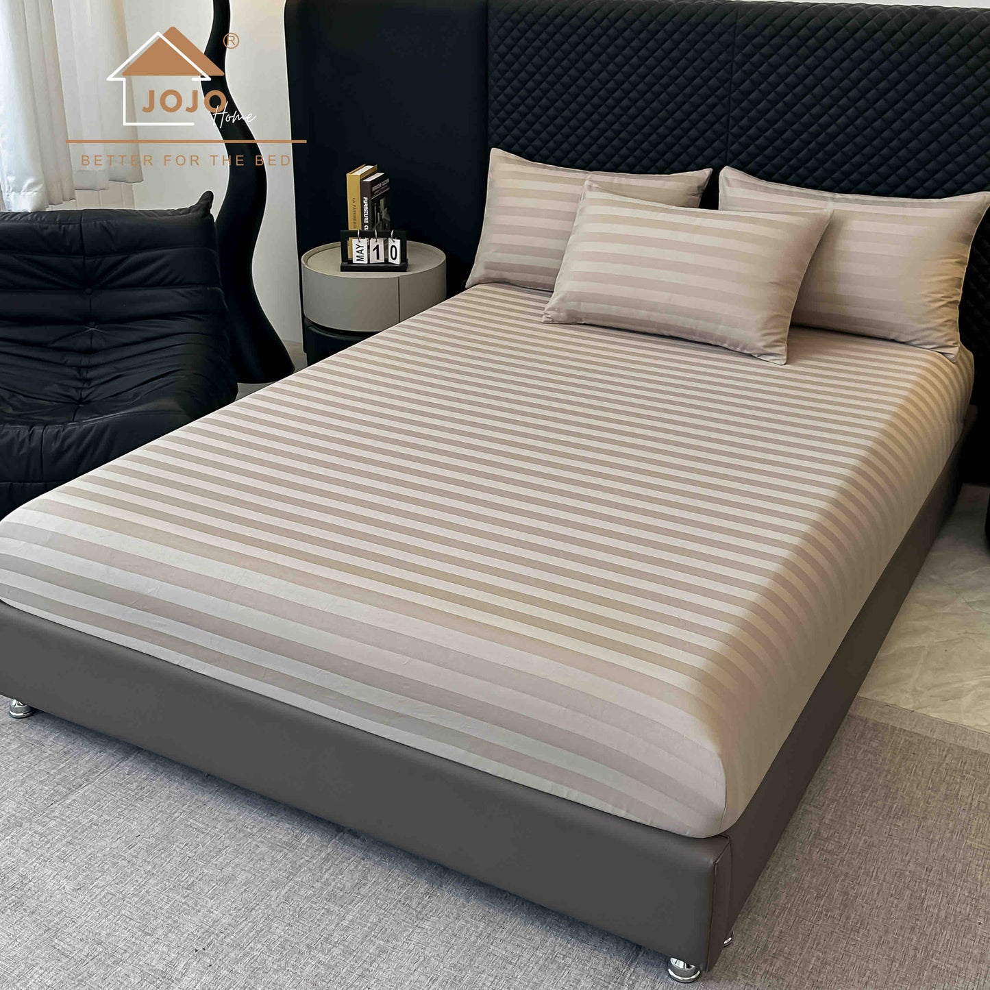 Lenjerie Luxury din Damasc 100% Bumbac Deluxe, 6 Piese cu Elastic, Bej-C11098