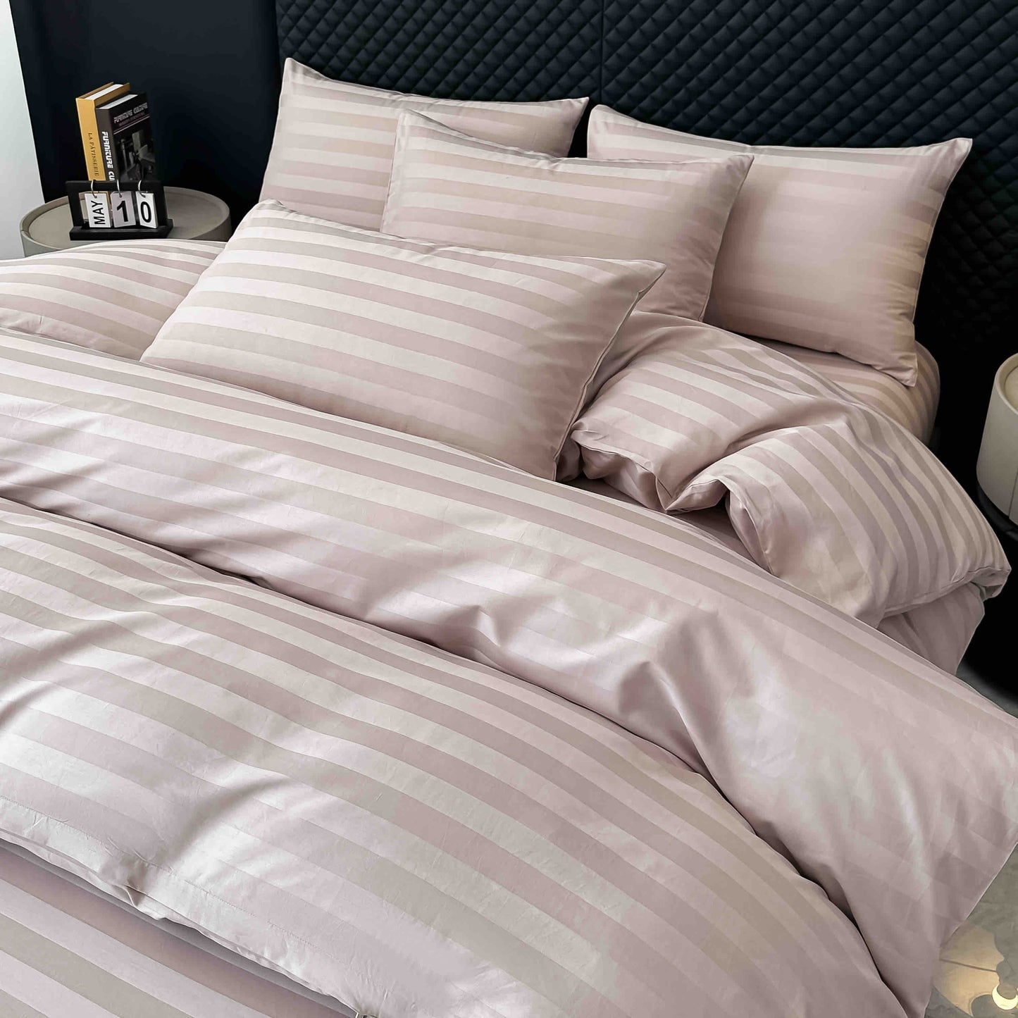 Lenjerie Luxury din Damasc 100% Bumbac Deluxe, 6 Piese cu Elastic, Roz Prafuit-C11097