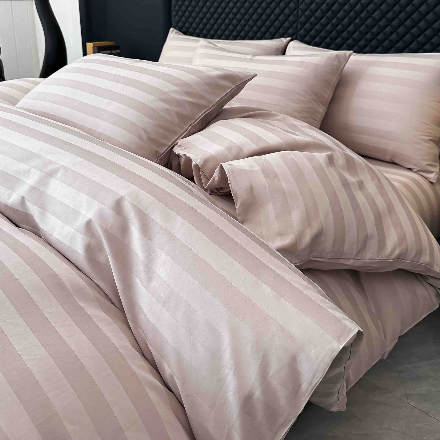 Lenjerie Luxury din Damasc 100% Bumbac Deluxe, 6 Piese cu Elastic, Roz Prafuit-C11097