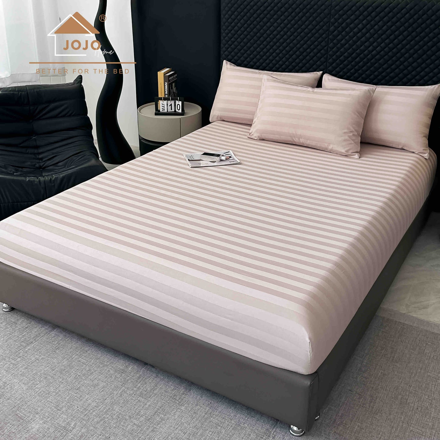 Lenjerie Luxury din Damasc 100% Bumbac Deluxe, 6 Piese cu Elastic, Roz Prafuit-C11097