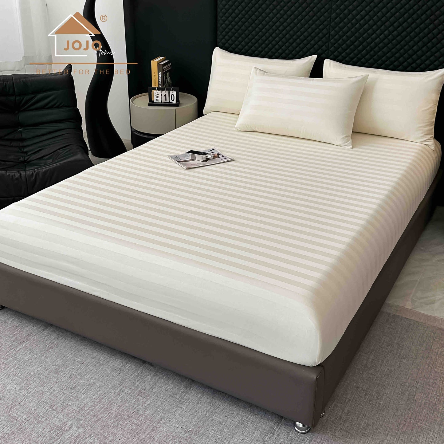 Lenjerie Luxury din Damasc 100% Bumbac Deluxe, 6 Piese cu Elastic, Crem-C11101