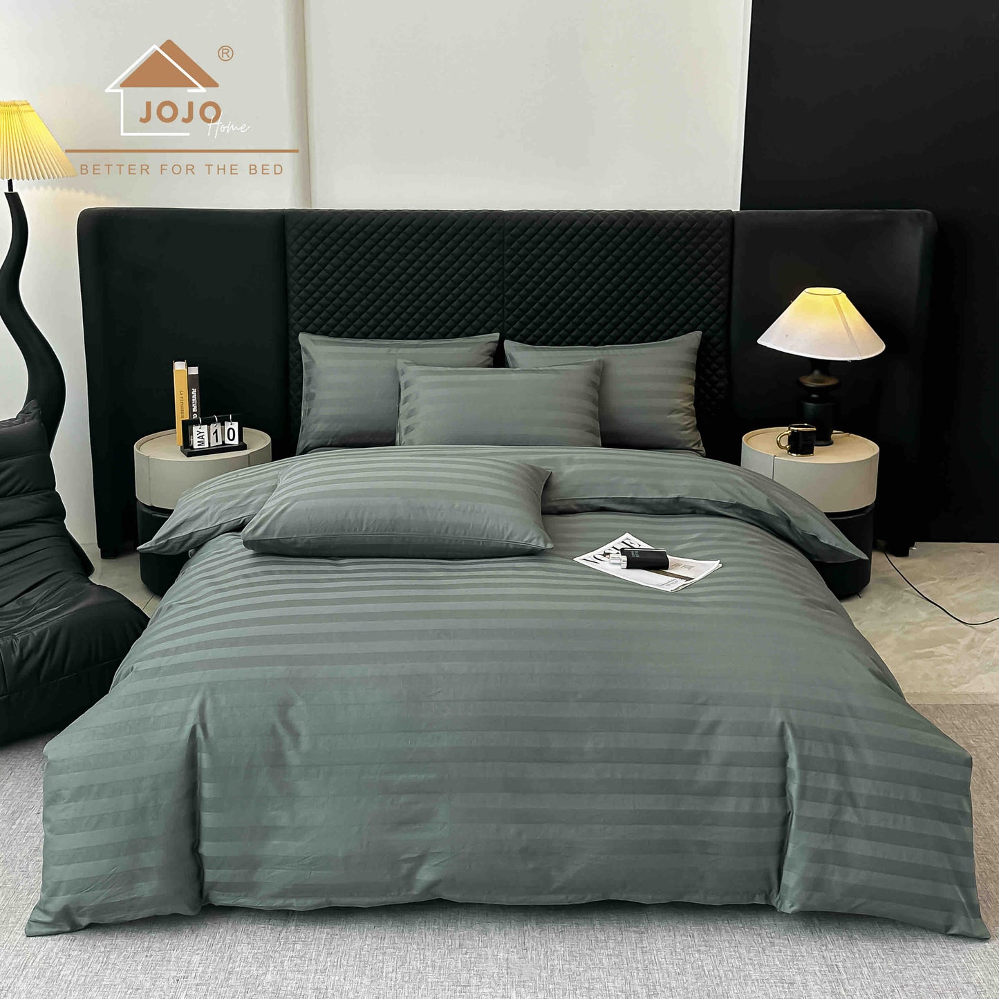 Lenjerie Luxury din Damasc 100% Bumbac Deluxe, 6 Piese cu Elastic, Antracit-C11095