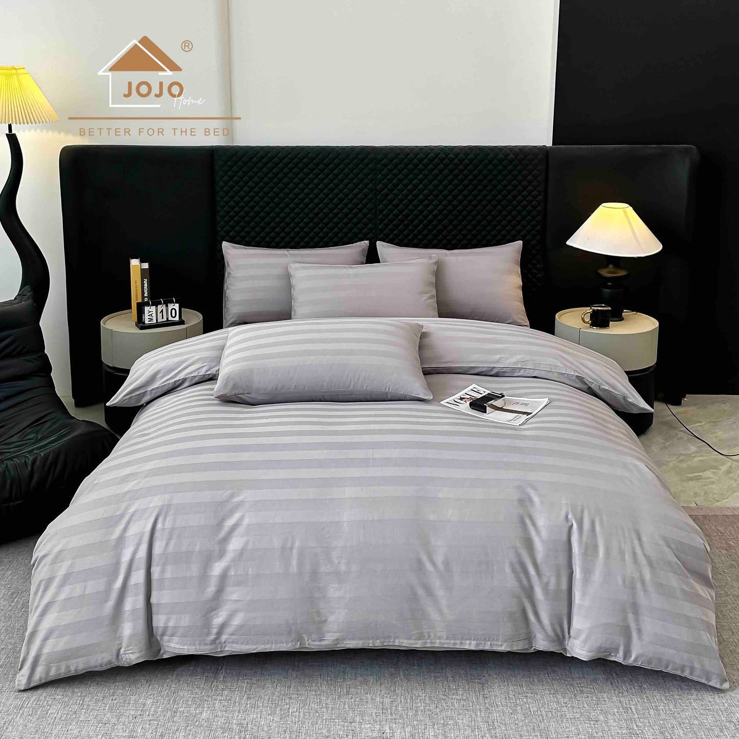 Lenjerie Luxury din Damasc 100% Bumbac Deluxe, 6 Piese cu Elastic, Gri Deschis-C11103