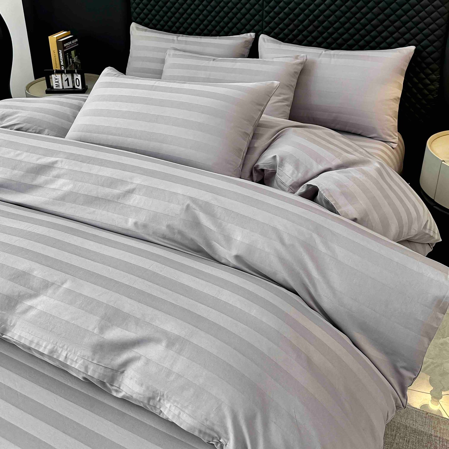 Lenjerie Luxury din Damasc 100% Bumbac Deluxe, 6 Piese cu Elastic, Gri Deschis-C11103