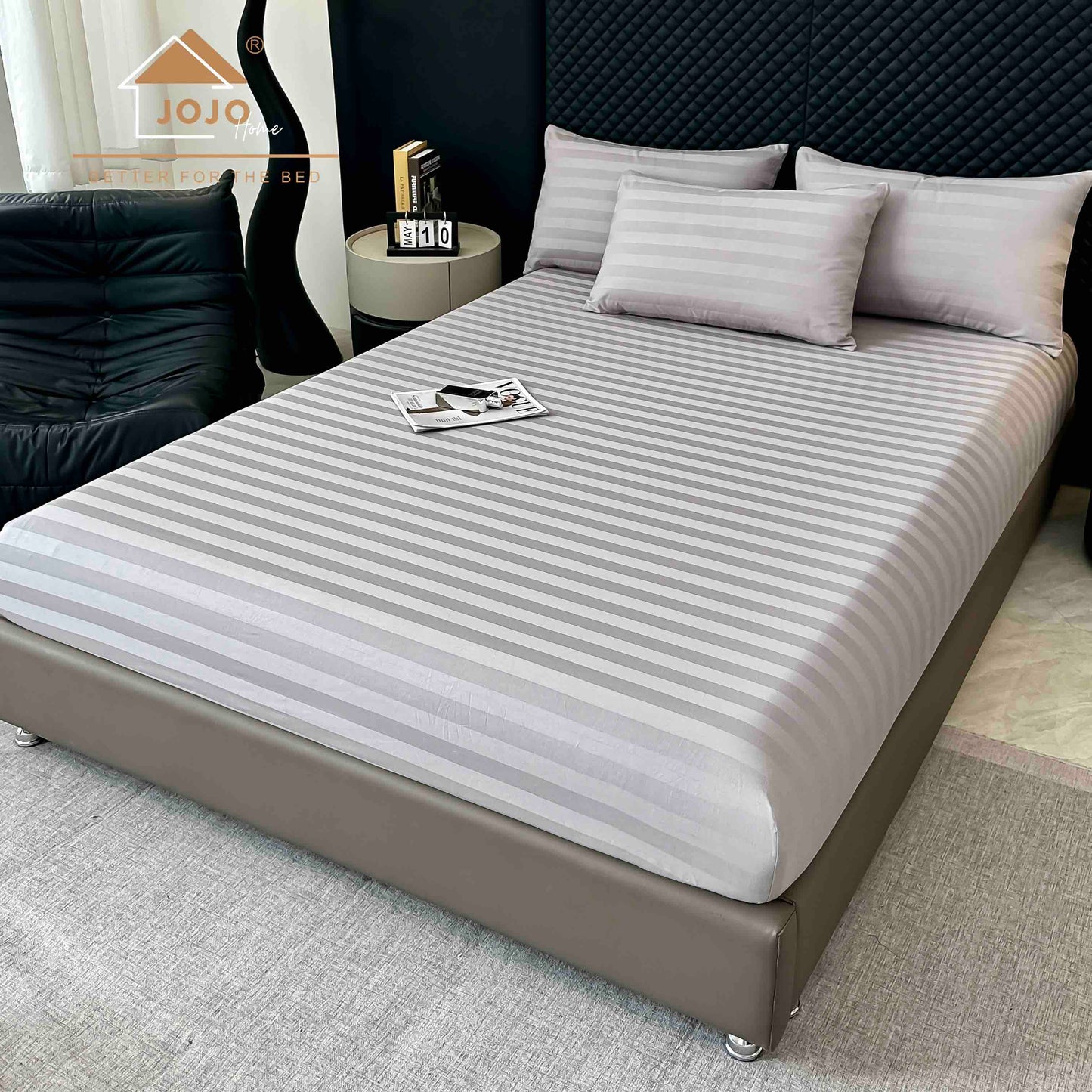 Lenjerie Luxury din Damasc 100% Bumbac Deluxe, 6 Piese cu Elastic, Gri Deschis-C11103