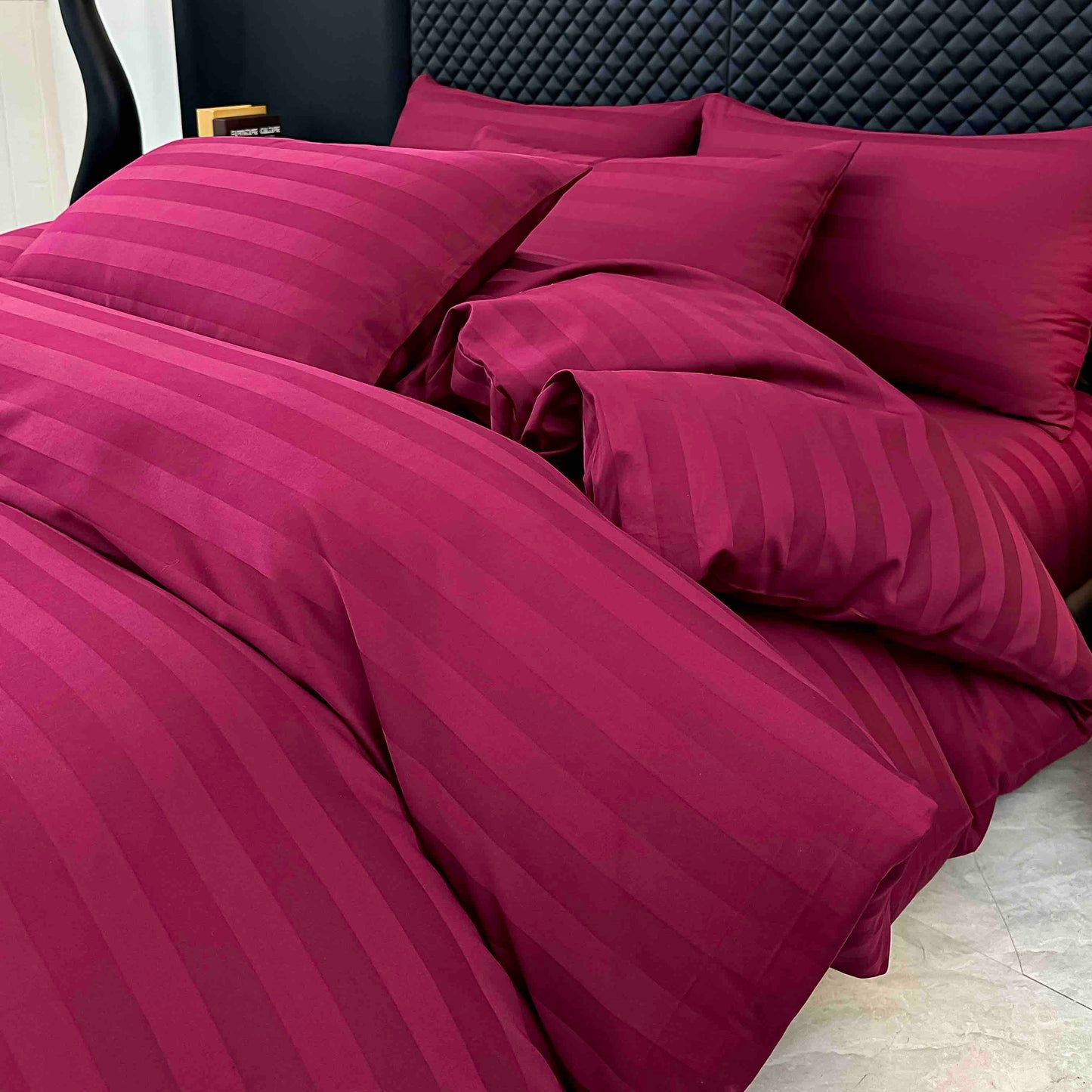 Lenjerie Luxury din Damasc 100% Bumbac Deluxe, 6 Piese cu Elastic, Bordo-C11096