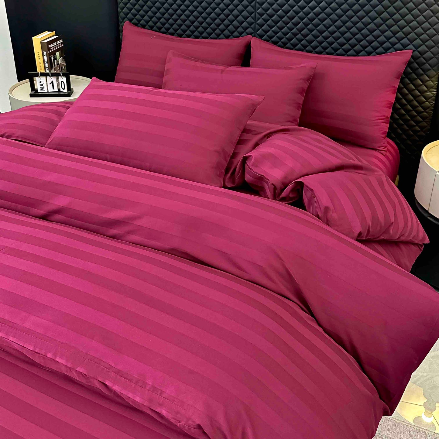 Lenjerie Luxury din Damasc 100% Bumbac Deluxe, 6 Piese cu Elastic, Bordo-C11096