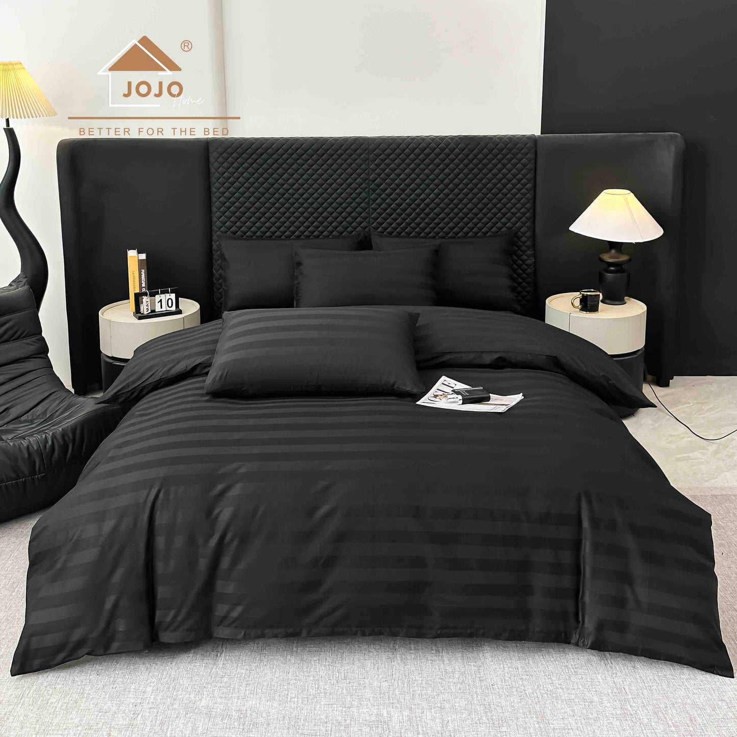 Lenjerie Luxury din Damasc 100% Bumbac Deluxe, 6 Piese cu Elastic, Negru-C11093