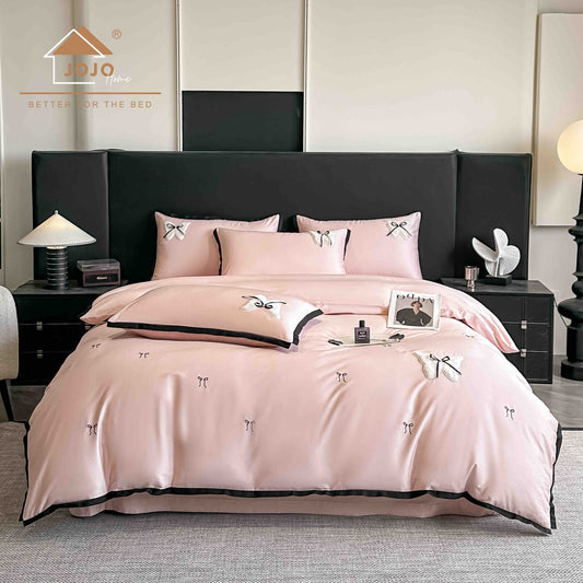 Lenjerie de Pat Premium Satin Deluxe cu Broderie Eleganta, din Bumbac 100%, 4 Piese, Fundite-C11293