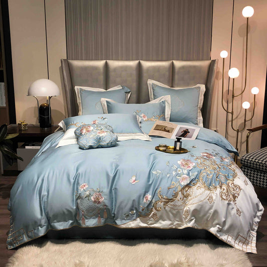 Lenjerie de Pat Premium Satin Deluxe cu Broderie Eleganta, din Bumbac 100%, 4 Piese, Blue Royal-C11299