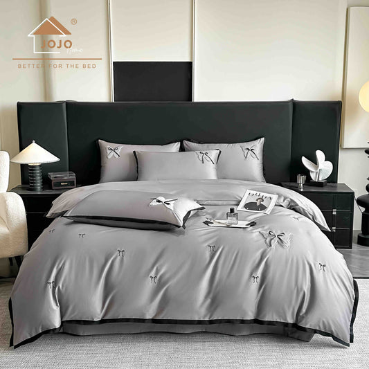 Lenjerie de Pat Premium Satin Deluxe cu Broderie Eleganta, din Bumbac 100%, 4 Piese, Fundite-C11294