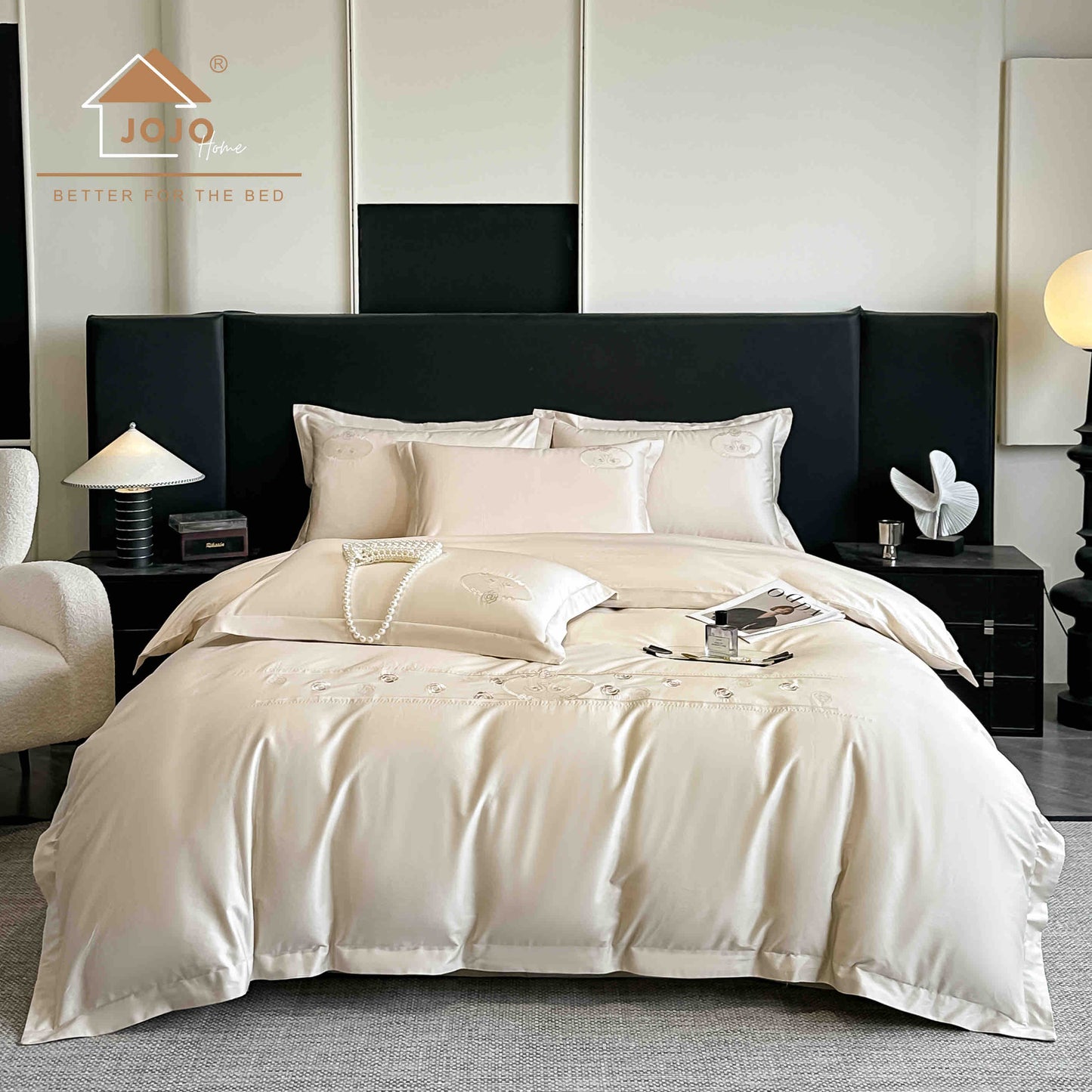 Lenjerie de Pat Premium Satin Deluxe cu Broderie Eleganta, din Bumbac 100%, 4 Piese, Ivoire-C11295